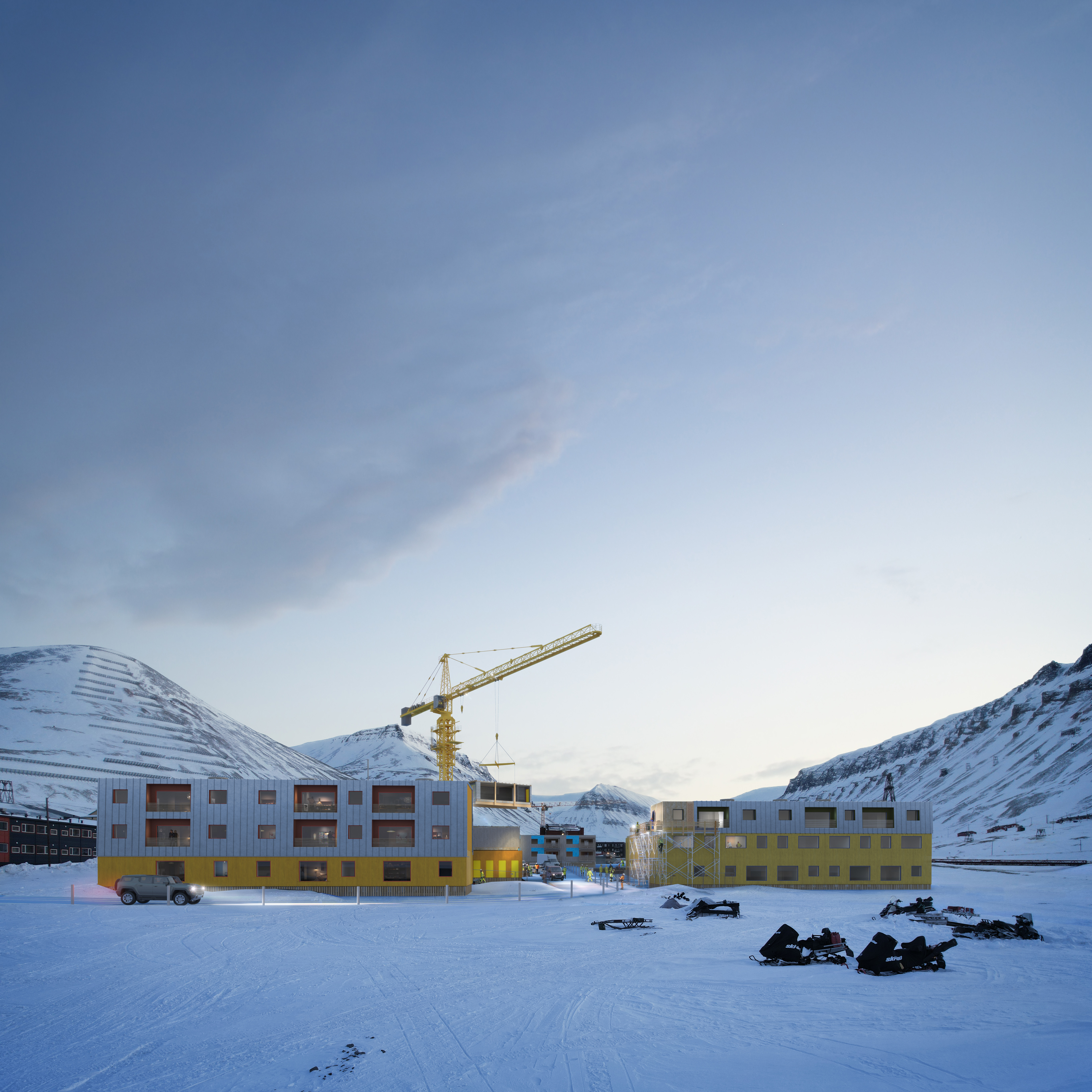 Elvegrenda utvikles til en ny bebyggelse med høy bo- og bygningskvaliteter tilpasset Svalbardlivet.