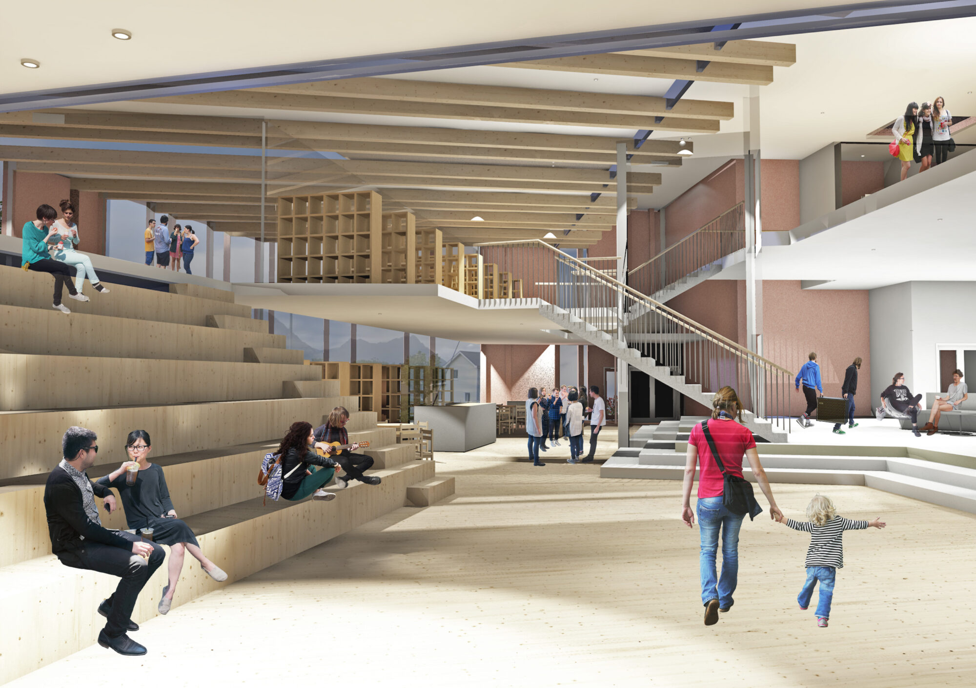 Interiør av nytt skole- og kulturkvartal på Myre med åpne fellesarealer, trearkitektur og møteplasser for elever og besøkende