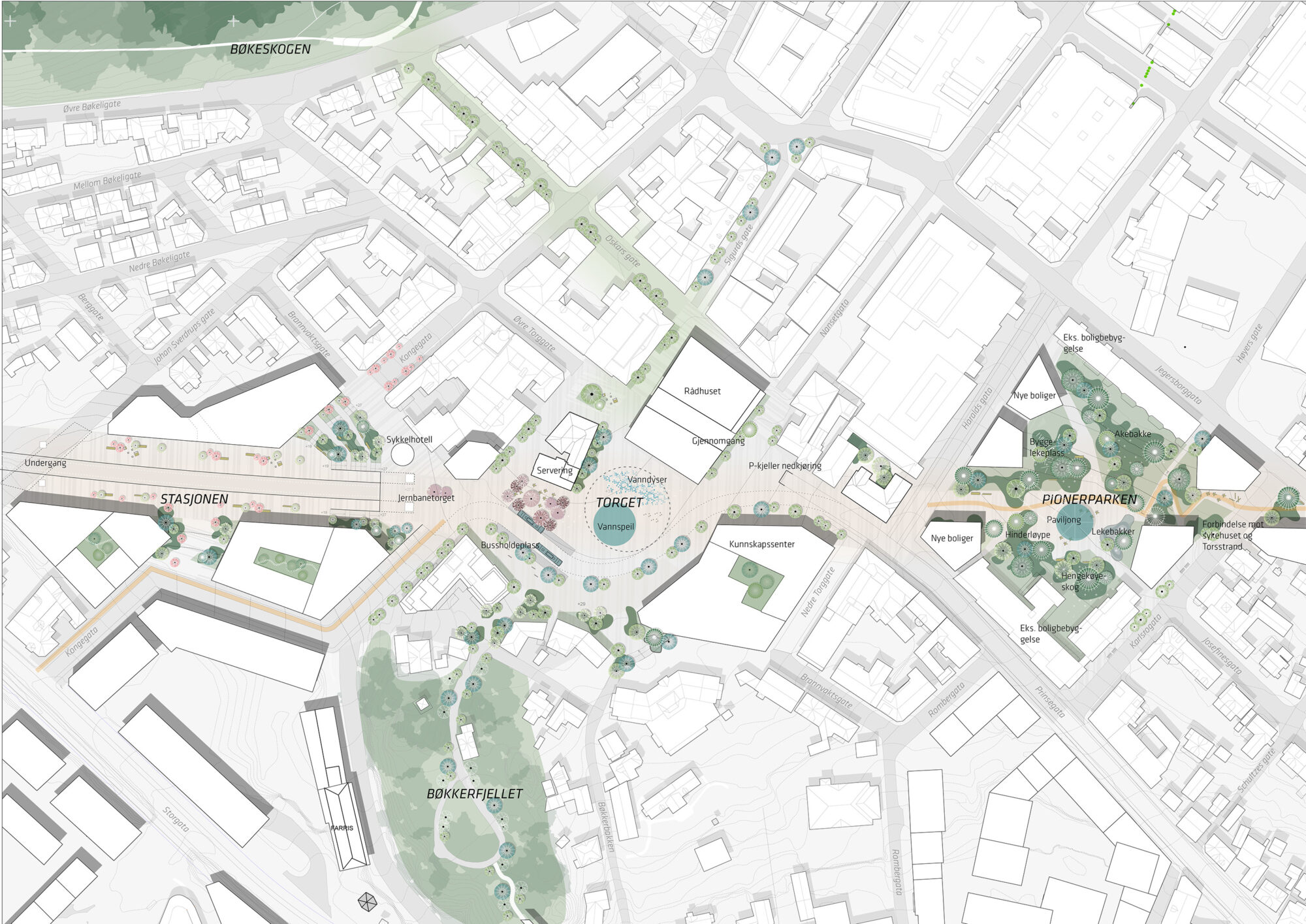OVER TUNNELEN: Gruppen har laget et forslag der park, byrom og torg er lagt over den nye tunnelen i sentrum. Illustrasjon: LPO og SLA