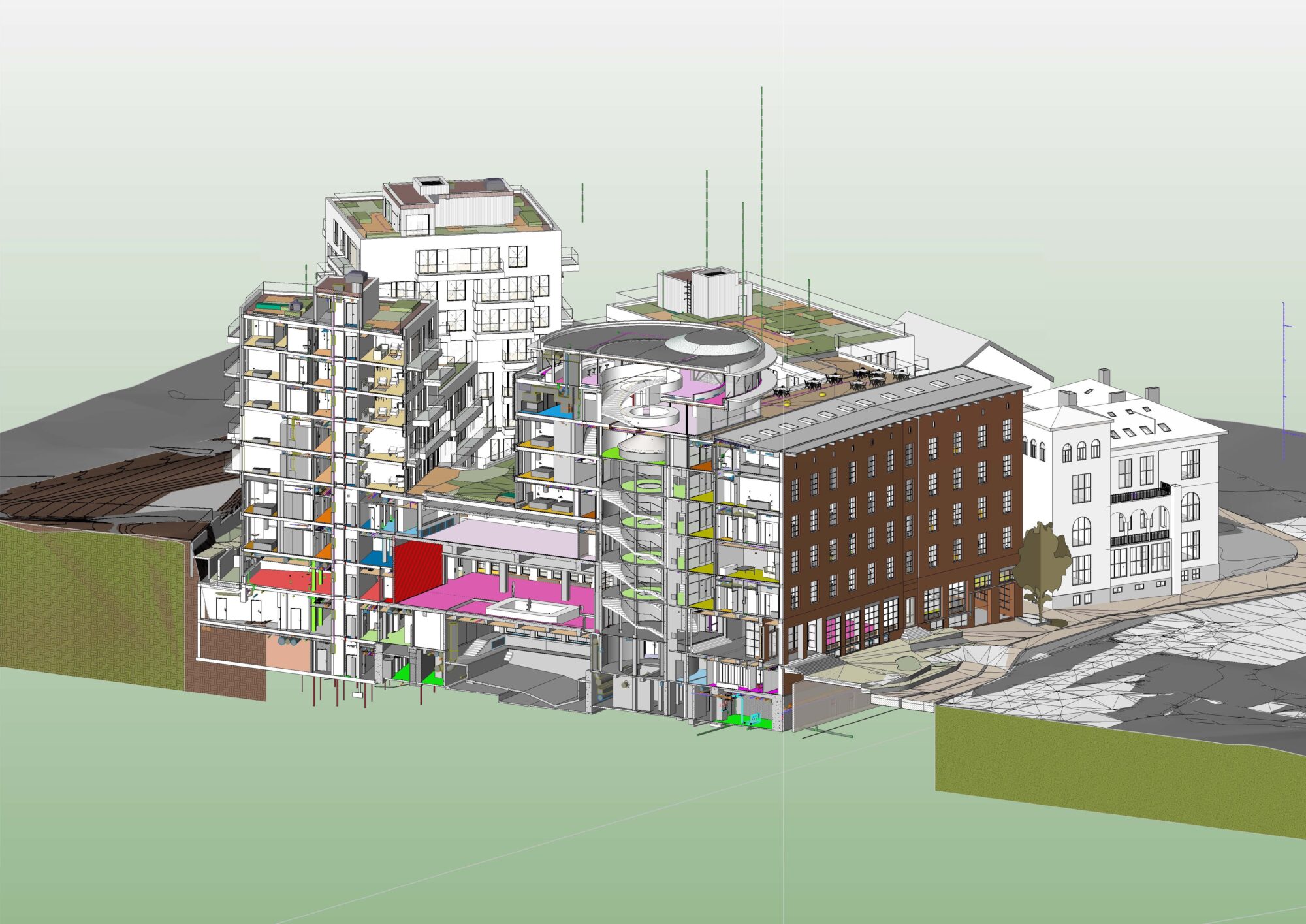 Arkitektene i LPO bruker BIM for kollisjonkontroll og mengdeberegninger i komplekse prosjekter som Sommero til tverrfaglig koordinering. I denne modellen ser vi hvordan IFC fagmodeller fra andre konsulenter er satt sammen med ARk-modell.