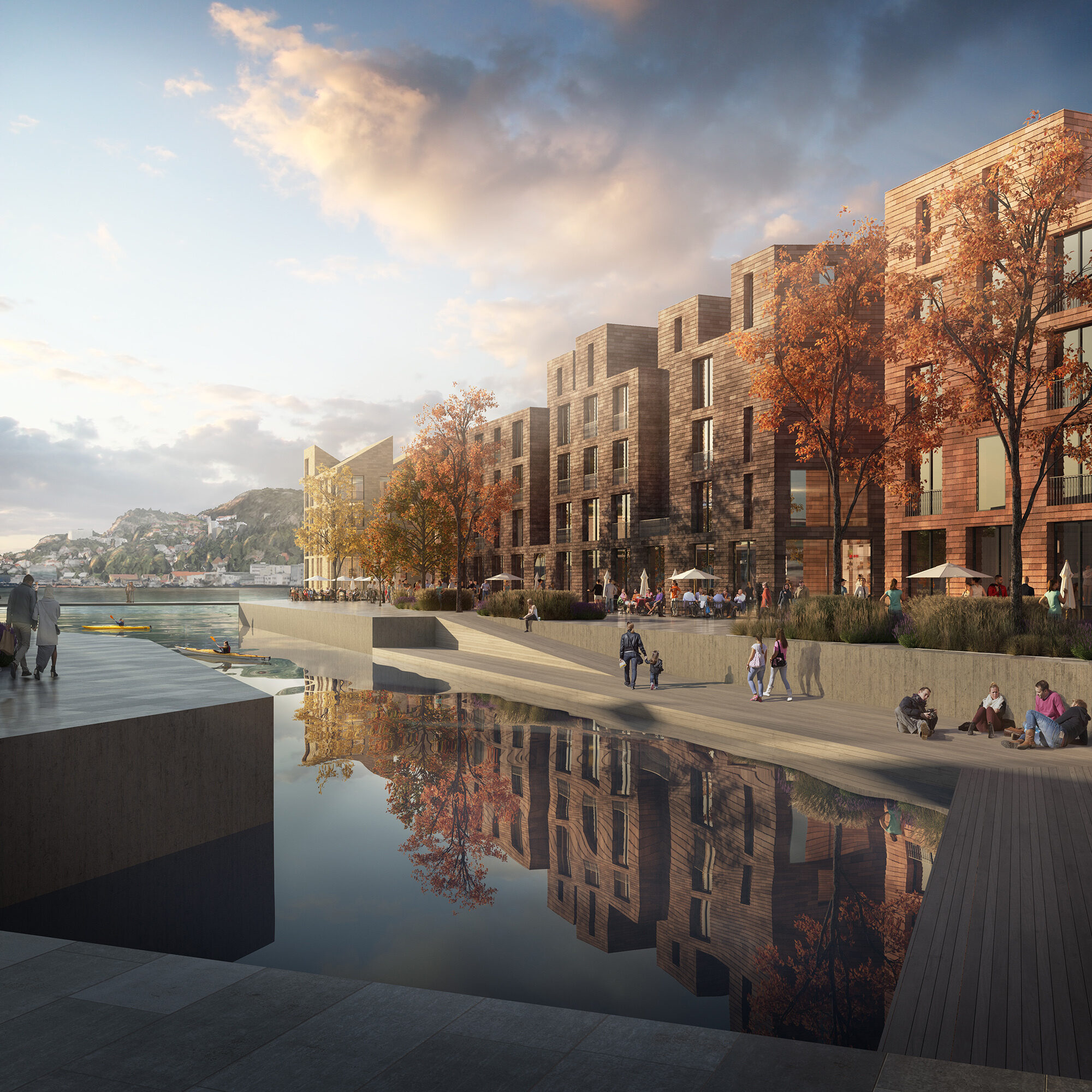 Attraktiv havnepromenade med sjøbad.  Visualisering: LPO