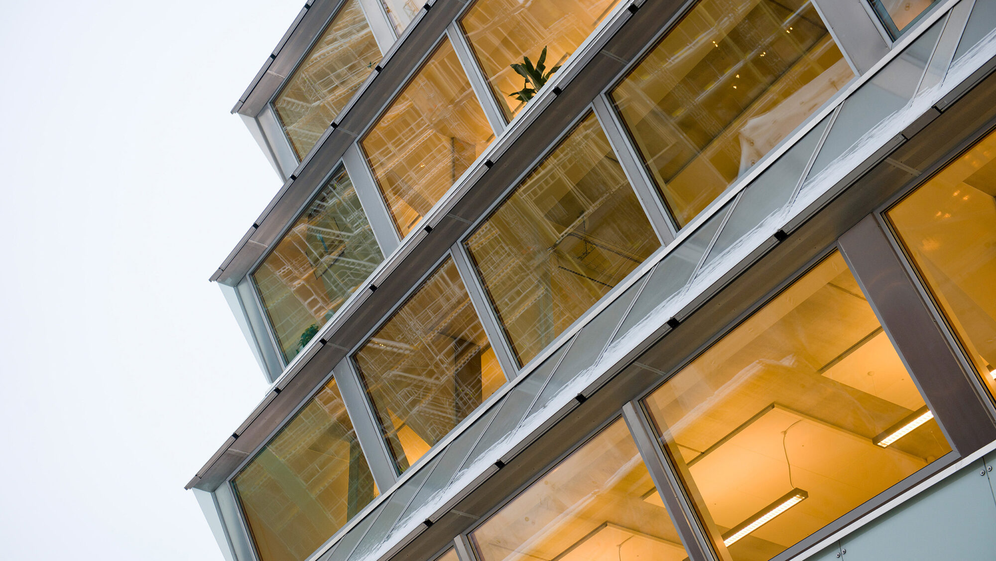 I den sagtannformede sørfasaden vender glasspartiene nedover og skjermer mot overoppvarming ved hjelp av solfangerpaneler som danner en brem på oversiden.