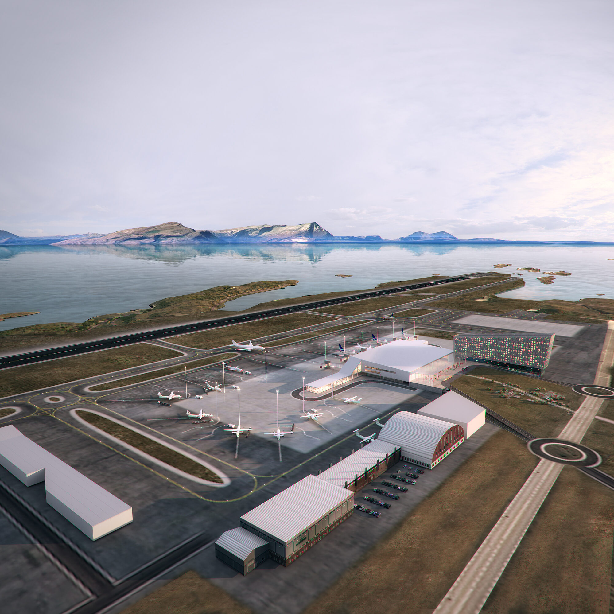 Terminalbygget blir spektakulært med mye lys, og skal bli en opplevelse for den som kommer og den som drar. Illustrasjon: LPO arkitekter/Norconsult/Archus på oppdrag for Avinor.