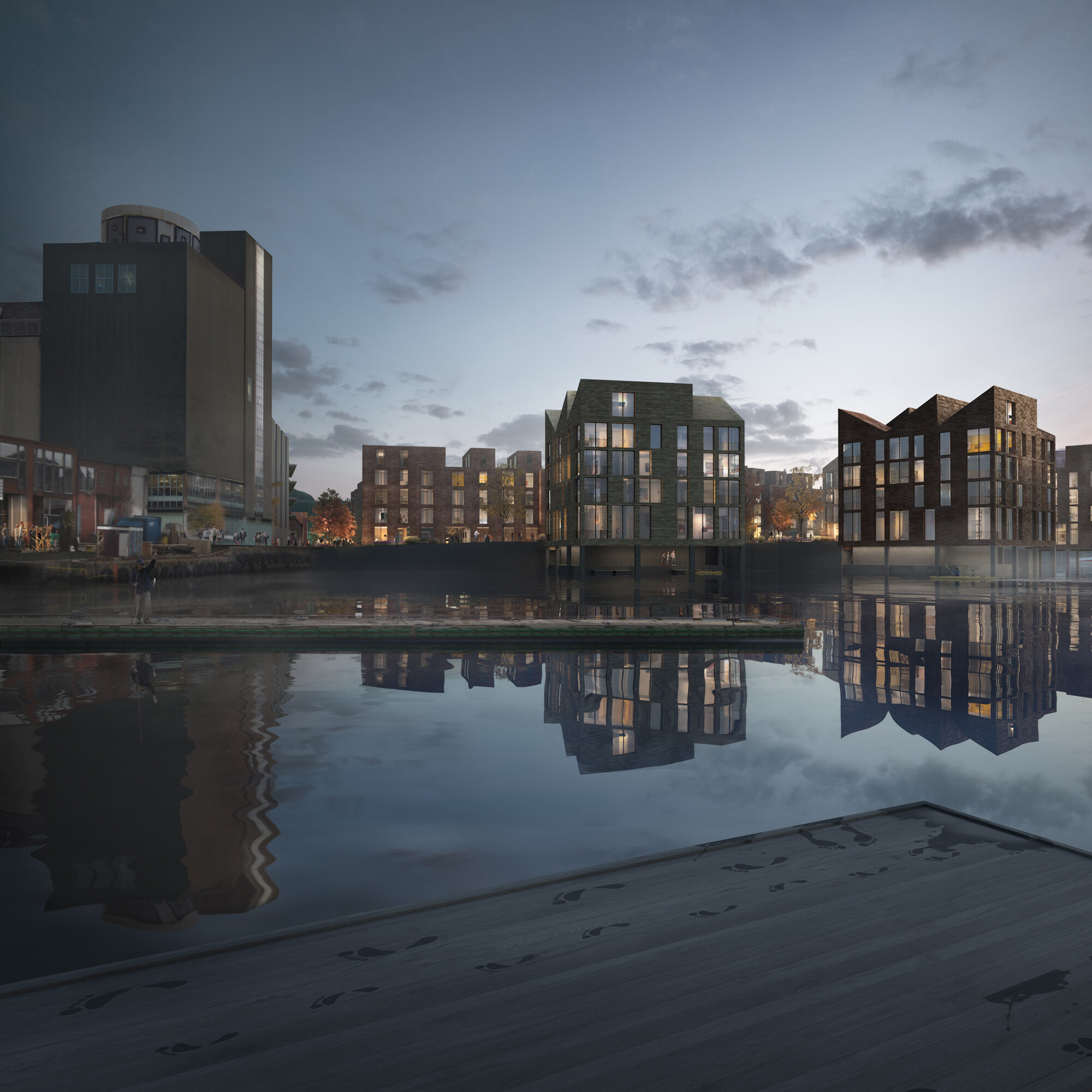 Mot fjorden foreslår LPO å organisere den nye bebyggelsen i klynger og fundamentert på peler ut i vannet, inspirert av de gamle sjøbodene i Sandviken. Visualisering: LPO