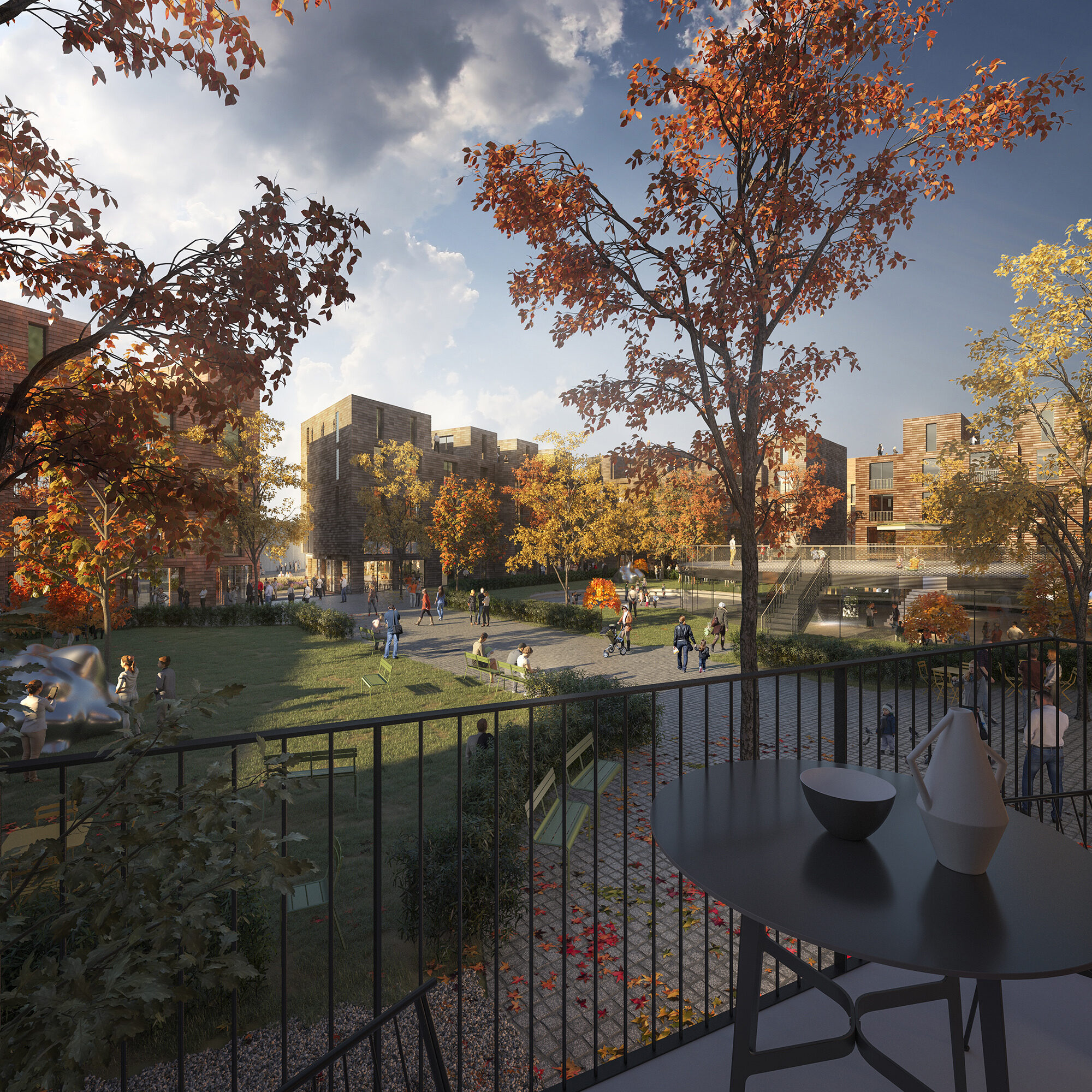 I LPOs forslag er bygningsmasse plassert rundt et stort parkrom som inviterer til opphold og aktivitet. Parken ligger lunt beskyttet for vind og vær mellom bygningene og vil invitere til opphold med beplanting og sittegrupper.  Visualisering: LPO