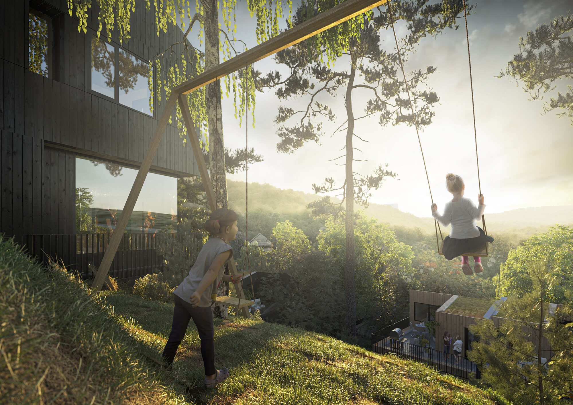 Overvannshåndtering er planlagt som åpne bekkeløp gjennom området. Med områdets terrengfall, er det tanker om en vinterpark tvers gjennom området, hvor skilek vil kunne fungerer meget godt. For øvrig er det planlagt et stort sammenhengende grøntområde gjennom hele prosjektet, med «grønne fingre mellom bygningene og ned til bekken i øst». Visualisering: LPO